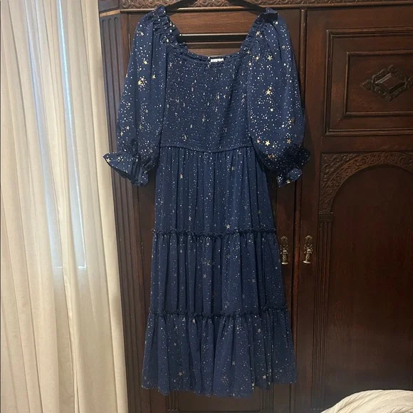 Ivy City Starry Night Stars Navy Smocked Dress M - Picture 3 of 8